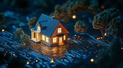 Poster - Illuminated house model on a circuit board, surrounded by trees at night.