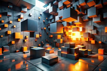 Wall Mural - abstract room of glowing cubes and dark walls a modern architectural visualization