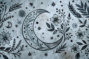 Wall Mural - Crescent Moon Botanical Design with Starry Night Background, an Enchanting Hand-Drawn Illustration Featuring Floral Elements and Celestial Motifs