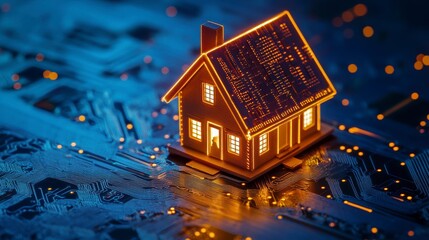 Poster - Glowing digital house model on circuit board, representing smart home technology.