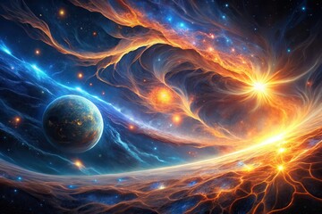 Wall Mural - a celestial tapestry of fiery nebulae and a distant planet illuminated by cosmic energy