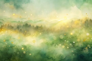 Wall Mural - Enchanted Forest Landscape A Serene Watercolor Painting of Misty Hills and Golden Lights at Dawn
