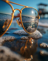 Wall Mural - Reflective Sunglasses on a Sandy Beach at Sunset