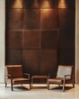 © galendra - Brown leather panelled wall, two armchairs, small table