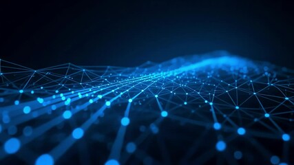 Abstract blue network with glowing nodes and connecting lines on a dark background surface