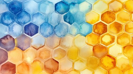Aufkleber - Abstract watercolor honeycomb pattern in blue and gold hues.