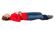 © Justlight - Casual dressed woman lying on the floor in recovery position on a transparent background, useful for safety and first aid training purposes