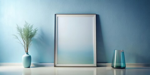 Wall Mural - A serene minimalist interior scene featuring a blank framed canvas, a pale blue vase with dried foliage, and a teal glass vase against a tranquil blue wall.