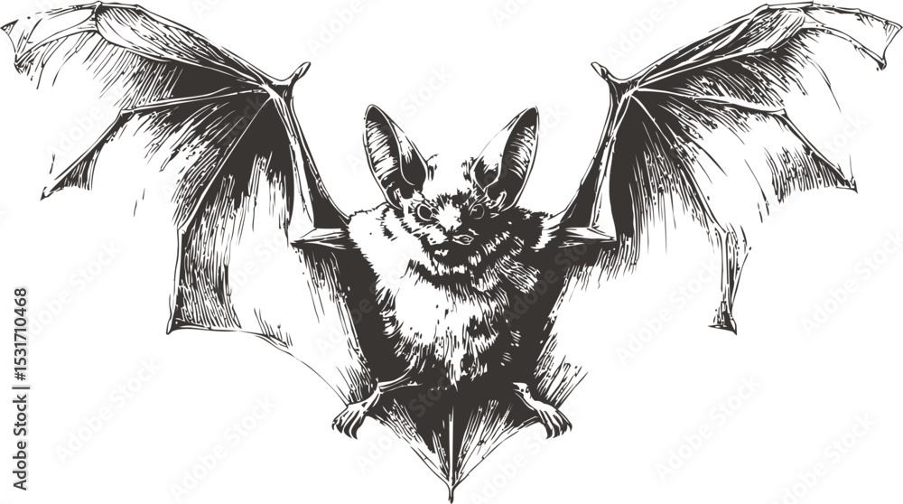 Intricate black and white bat illustration with outstretched wings, art ...