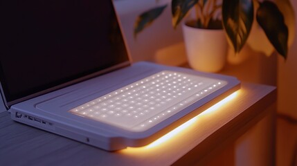 Poster - Illuminated laptop keyboard glowing softly on a wooden desk at night, next to a potted plant.