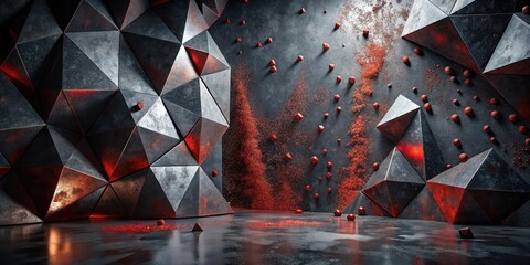 Wall Mural - abstract metallic polygonal structures with red powder and spheres in a dark setting