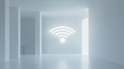Poster - Glowing Wi-Fi symbol on a minimalist white wall in a modern hallway.