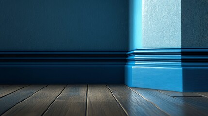 Poster - Dark blue wall corner with wood floor and sunlight.