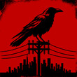 © chocobibi - Red Crow Sitting on Power Pole Vector Illustration in Grunge Distressed Style on Black Background with Dark Gothic Vibe