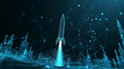 Poster - Futuristic rocket launching from a digital city, network connections.