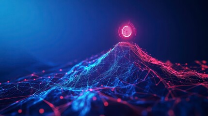 Leinwandbilder - Abstract digital landscape with glowing peak and network connections.