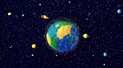 Poster - Earth, planets, and stars connected by lines in space.