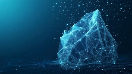 Poster - Abstract digital iceberg, polygonal lines, glowing particles, dark blue background.