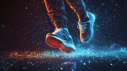 Poster - Person's legs jumping, glowing trail, digital effect.