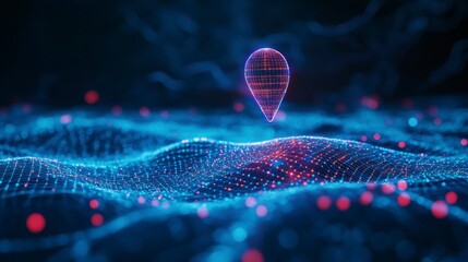 Poster - Abstract digital location marker hovering over a glowing blue and red data wave.