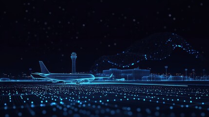 Leinwandbilder - Airplane on runway at night, digital art.