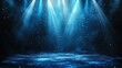 © 少克 郭 - Abstract blue light stage with LED wall screen and vertical floor streaks, minimalist cinematic design of spotlighted empty room, HD sharp details, futuristic tech visual art
