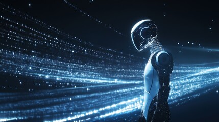 AI robot standing amidst light trail in dark