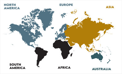  New modern world map, with names, Europe, Africa, Asia, Australia, North America and South America world map graphic, Countries Silhouettes Stock Illustrations, Vectors