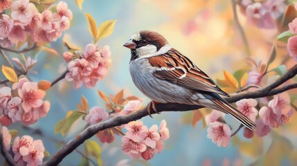 Naklejka na meble Close up of a house sparrow with intricate feather details sitting on a tree branch surrounded by vibrant spring blossoms