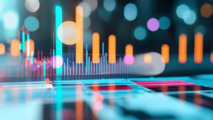 Wall Mural - digital financial chart with colorful glowing bar and bokeh lights showing data analysis and futuris