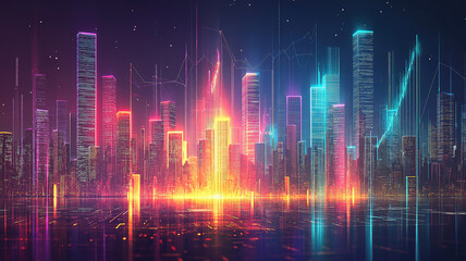 Wall Mural - vibrant digital design featuring city skyline and financial graphs for investment concepts