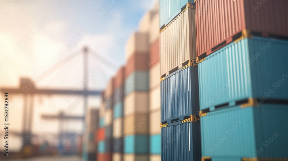 Stacked shipping containers in port representing global logistics and ...