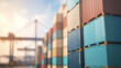 © SMART.art - Stacked shipping containers in port representing global logistics and international trade, supply chain management and import export business concepts.