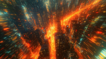 Wall Mural - urban architecture with speed energy showcasing modern skyscraper network at night scene
