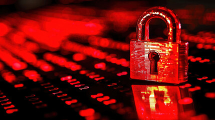 Glowing red padlock on dark digital interface symbolizing cryptocurrency security breach, blockchain technology concept for cyber security and data protection.
