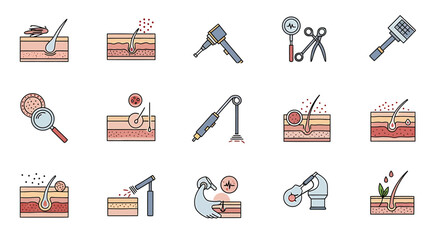Vector Icons Set of Illustrated Dermatology Medical Procedures and Skin Treatment Icons. Vector Illustrations