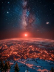 Wall Mural - Cosmic sunrise over a snow-capped world