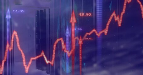Wall Mural - On start red line chart emerging left, climbing, dipping over racks, visualizing market trend