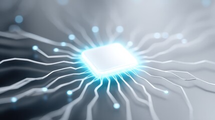 A glowing microchip at the center surrounded by branching circuits, representing innovation and progress. concept of digital evolution, visual of computing revolution.