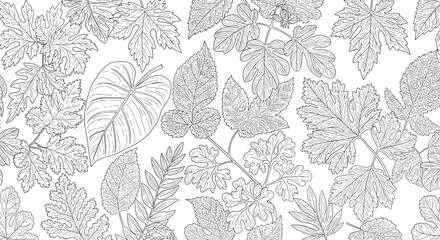 detailed seamless pattern of various leaf types creates a natural, botanical background for design p