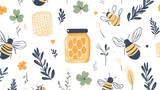 Honeybee pattern with honeycomb and flowers