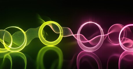 Fototapete - Abstract glowing rings, vibrant colors blend. Green transitions to pink, creating dynamic visual effect. Dark background emphasizes luminosity.