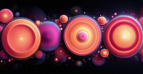 Fototapete - Abstract composition featuring vibrant circles, spheres, glowing particles. Dark background emphasizes luminous pinks, oranges, purples. Complex details create depth.