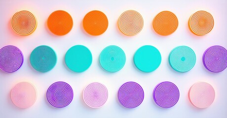 Fototapete - Colorful circular patterns arranged neatly. Concentric rings create visual depth, soft lighting enhances shapes. Modern design, vibrant hues.