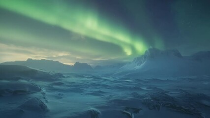 Wall Mural - green northern lights are dancing over snowy mountains and a frozen lake, creating a magical and mys
