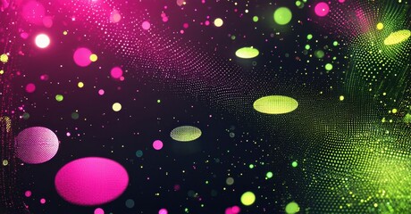 Fototapete - Vibrant abstract background. Pink, green dots create flowing energy, dotted texture visible. Dark space surrounds bright elements.