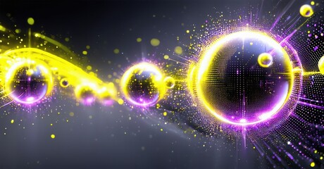 Poster - Bright circles radiate energy, forming dynamic wave pattern. Purple, yellow hues dominate dark background. Glittering particles enhance visual impact.