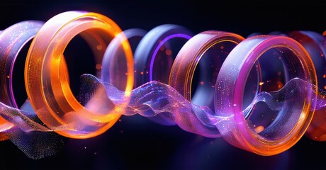 Aufkleber - Bright rings intertwine, creating dynamic visual flow. Vivid colors, digital art, futuristic design, glowing particles present.