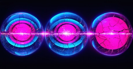 Aufkleber - Bright spheres glow, connected by energetic beam. Vivid pink, blue hues dominate dark background. Fractured surfaces suggest power.