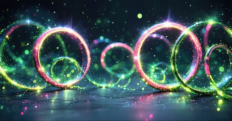 Poster - Bright glowing rings float above dark surface. Colorful particles create dynamic light effects, futuristic scene.